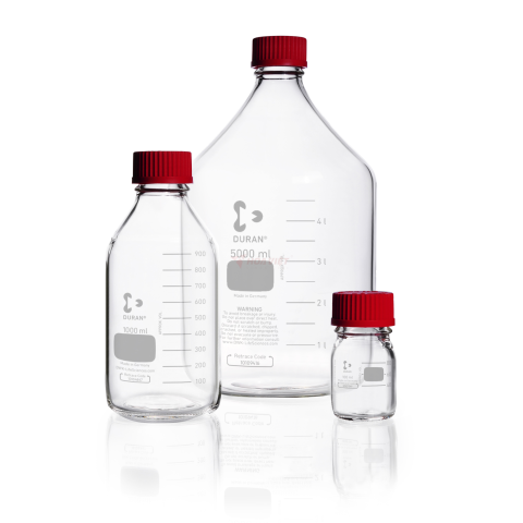 Chai thủy tinh phòng thí nghiệm DURAN® GL45 250ml trong suốt – Có vạch chia, nắp PBT chịu nhiệt và vòng rót ETFE