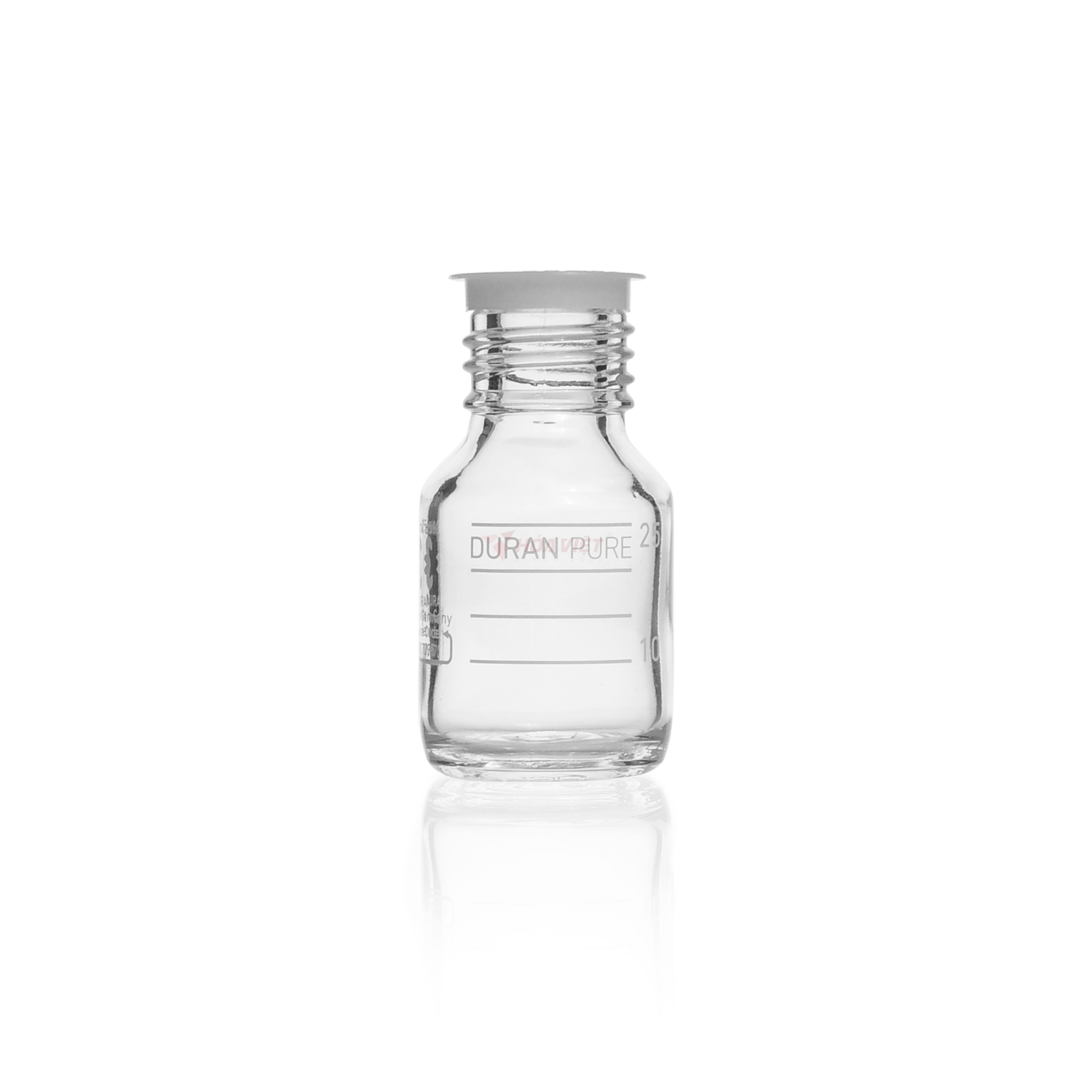 Chai thủy tinh DURAN PURE GL25 25ml trong suốt có vạch chia kèm nắp che bụi Chai thủy tinh DURAN PURE GL25 25ml trong suốt có vạch chia kèm nắp che bụi