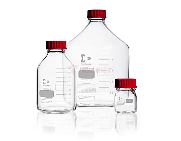 Chai thủy tinh phòng thí nghiệm DURAN® GL45 250ml trong suốt – Có vạch chia, nắp PBT chịu nhiệt và vòng rót ETFE