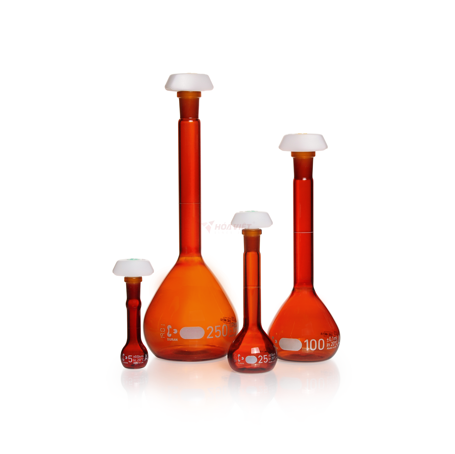 Bình định mức DURAN® 100 ml thủy tinh màu hổ phách, Class AW, vạch trắng, nút PE – Volumetric Flask NS 14/23