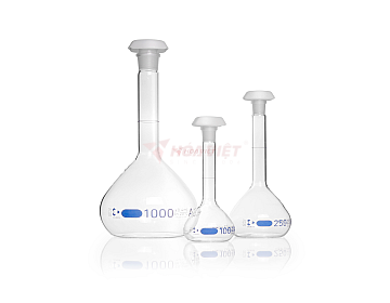 DURAN® volumetric flask, 2 ml, Class A, blue graduation, PE stopper – NS 7/16