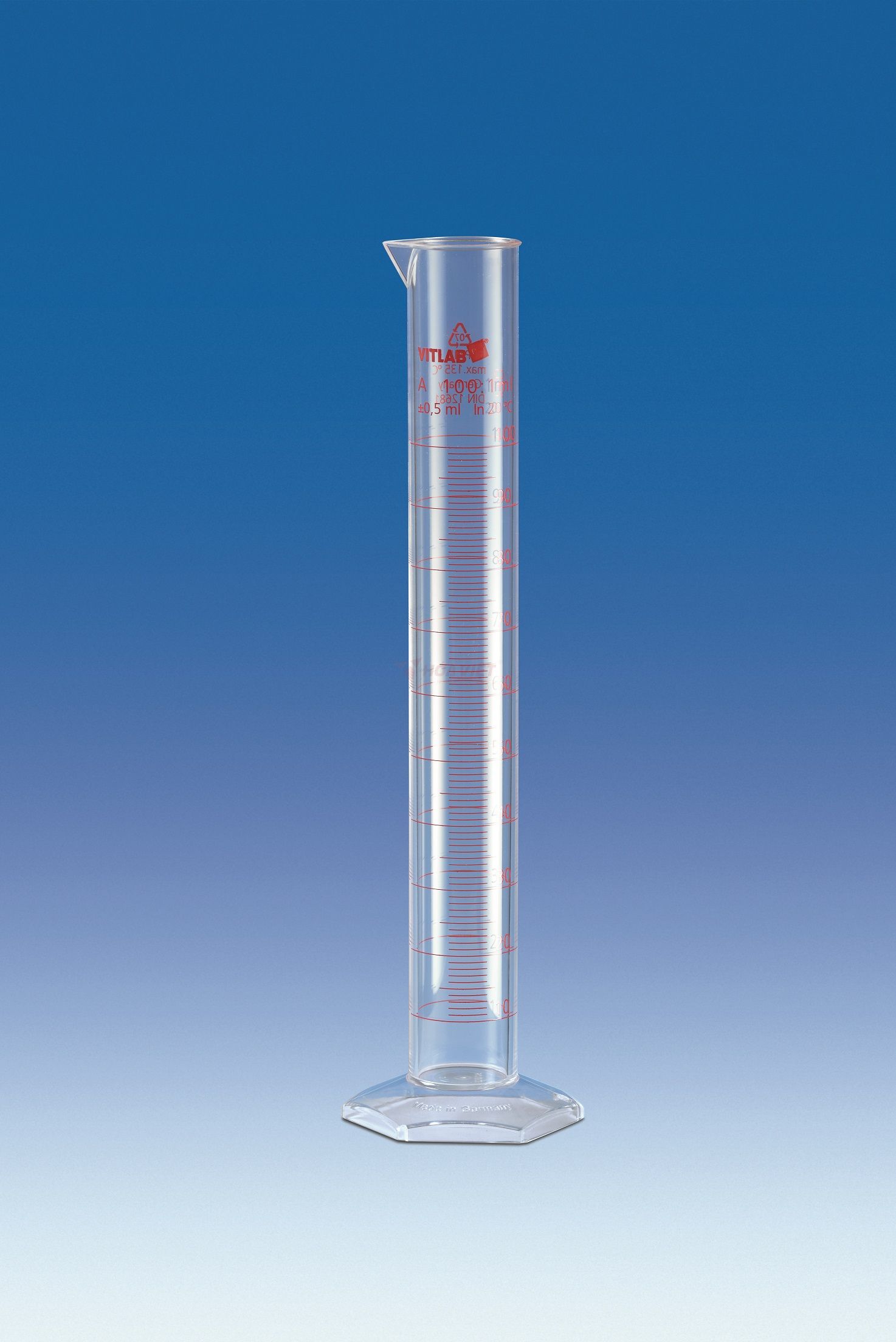 Ống đong nhựa PMP Vitlab 100ml vạch nổi class A Ống đong nhựa PMP Vitlab 100ml vạch nổi class A